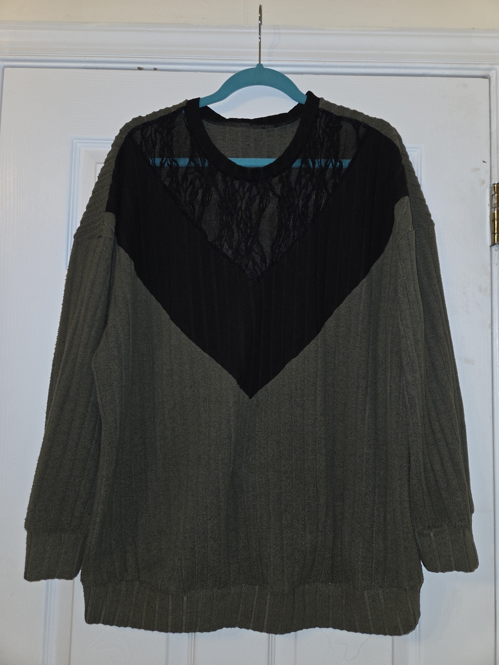 SHEIN Olive and Black Lace-Panel Crewneck Sweater